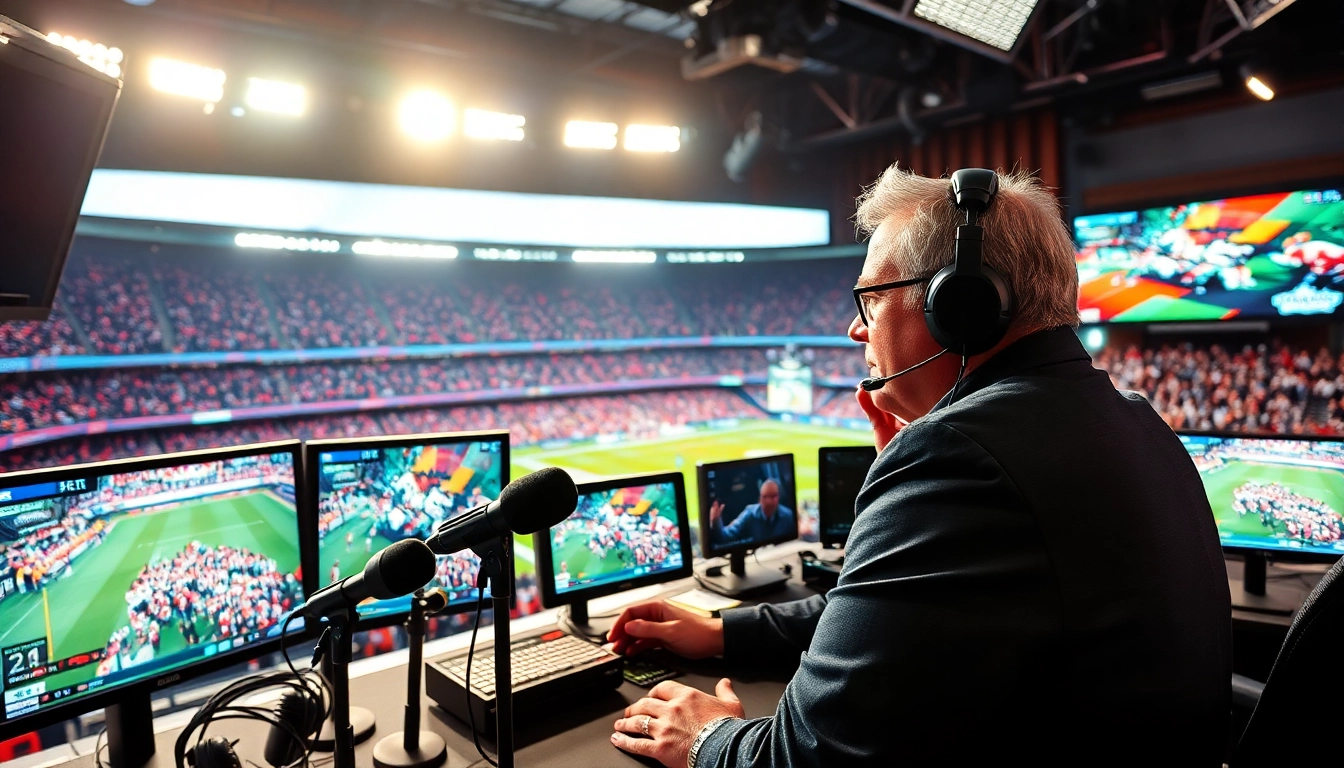 Engaging sports broadcasting setup with a commentator, vibrant stadium backdrop, and high-tech equipment.