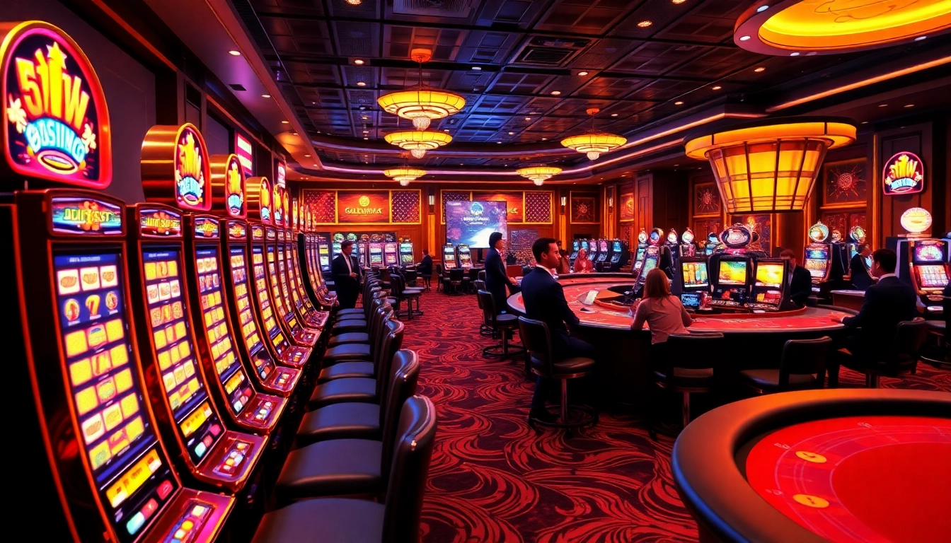 55WW online casino atmosphere with vibrant slot machines and live dealers