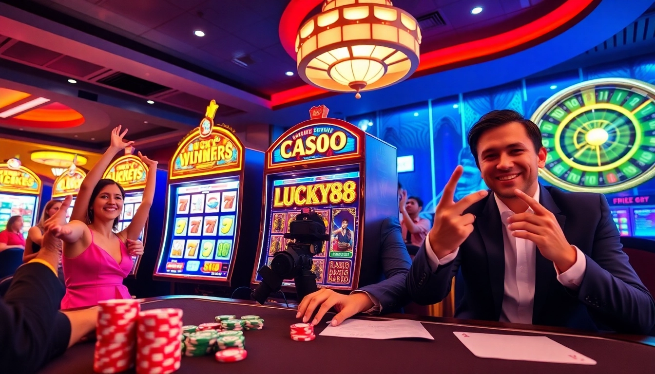 Winning at the LUCKY88 slot machine surrounded by a vibrant casino atmosphere.