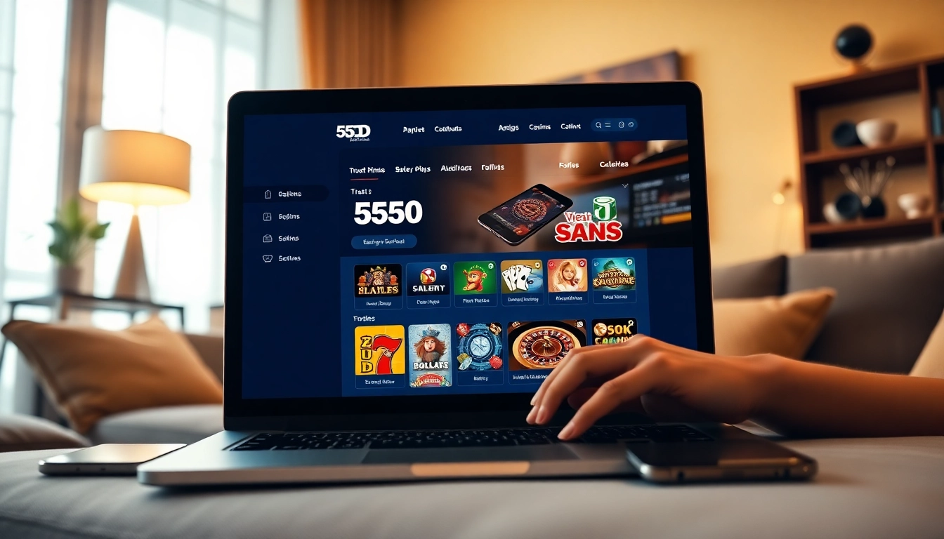 Engaging user enjoying the 55DD online betting platform with a laptop and smartphone.