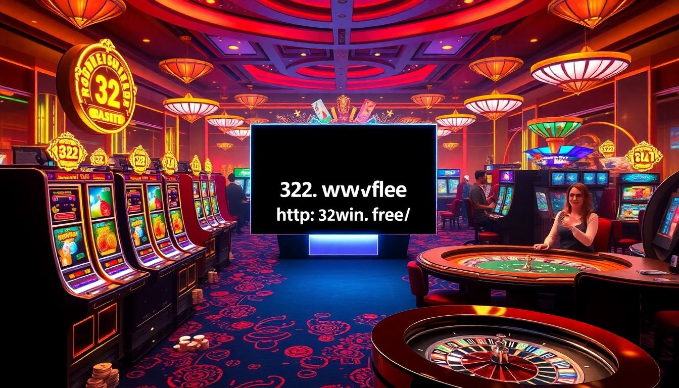 Experience thrilling games at https://32win.free/ with vibrant casino visuals featuring slot machines and poker tables.