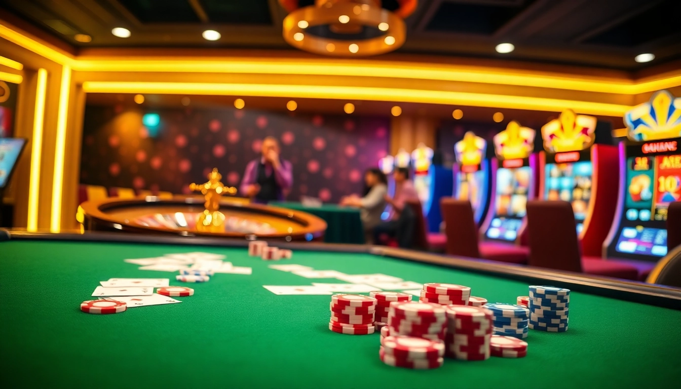 A high-stakes casino scene at https://jun88sr.com/ with vibrant slot machines and an elegant poker table.