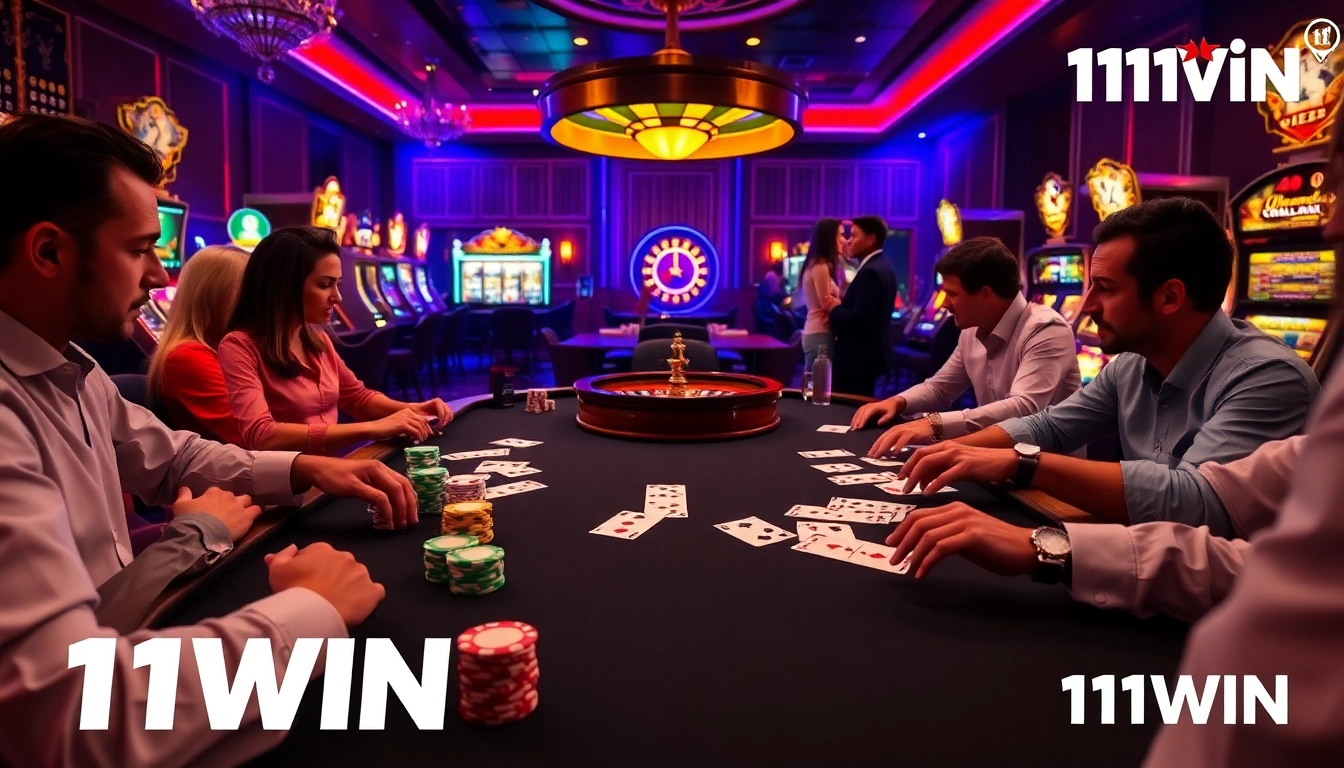 11WIN players strategizing at a luxurious poker table with chips and cards in a vibrant casino.