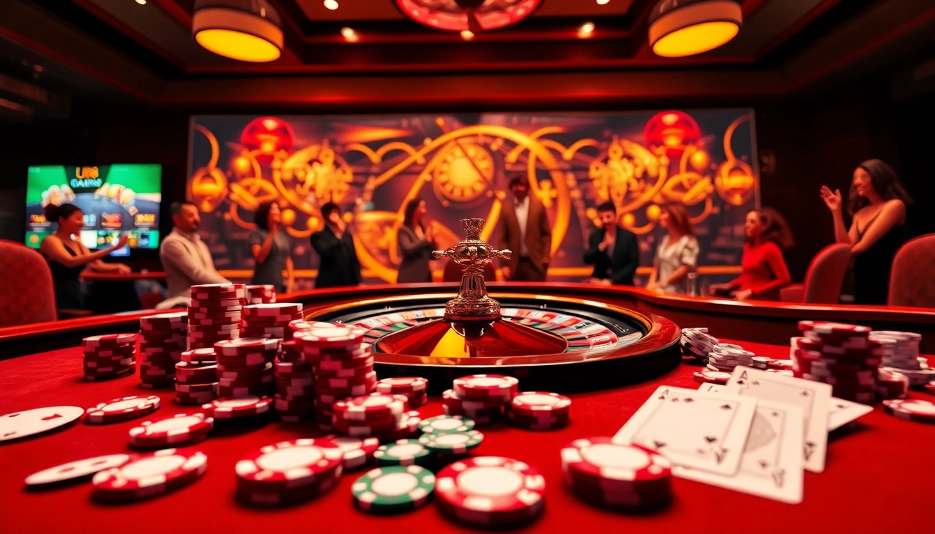 Engage with the thrilling atmosphere of https://u88.ae.org showcasing a vibrant casino with poker chips and a roulette wheel.