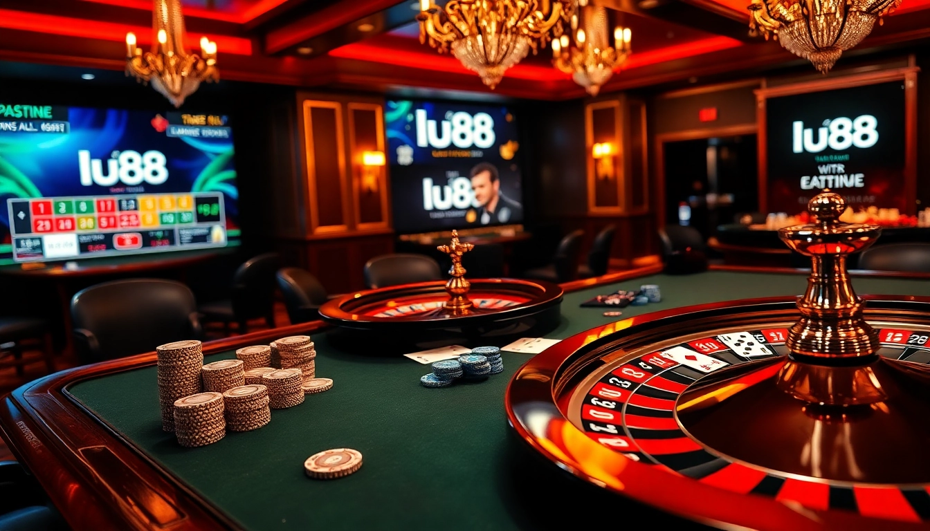 lu88 poker table with vibrant chips, cards, and a spinning roulette wheel in a luxury casino setting