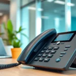 Engaging setup illustrating telephone systems in a professional office environment with modern design features.