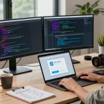 Developer engaging with Telegram download options in a modern tech workspace