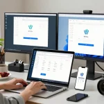Person downloading WPS Office software in modern home office workspace