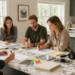 Custom countertop designers Hamilton collaborating on quartz samples in a modern kitchen