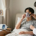 CPAP dealers near me: patient using CPAP machine in a cozy home setting with clinician support.