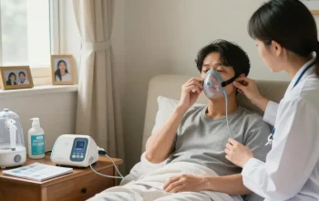 CPAP dealers near me: patient using CPAP machine in a cozy home setting with clinician support.
