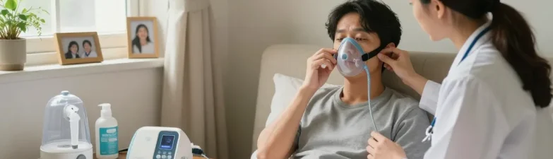 CPAP dealers near me: patient using CPAP machine in a cozy home setting with clinician support.