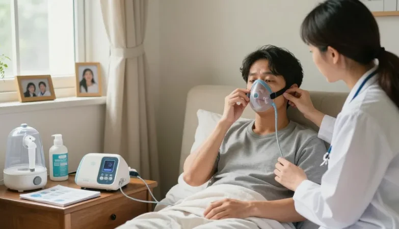 CPAP dealers near me: patient using CPAP machine in a cozy home setting with clinician support.